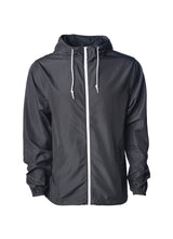 Load image into Gallery viewer, Unisex Super Lightweight Black Windbreaker Hooded Jacket With Full White Zipper 
