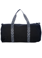 Load image into Gallery viewer, Black duffel bag with black and white checkered strap
