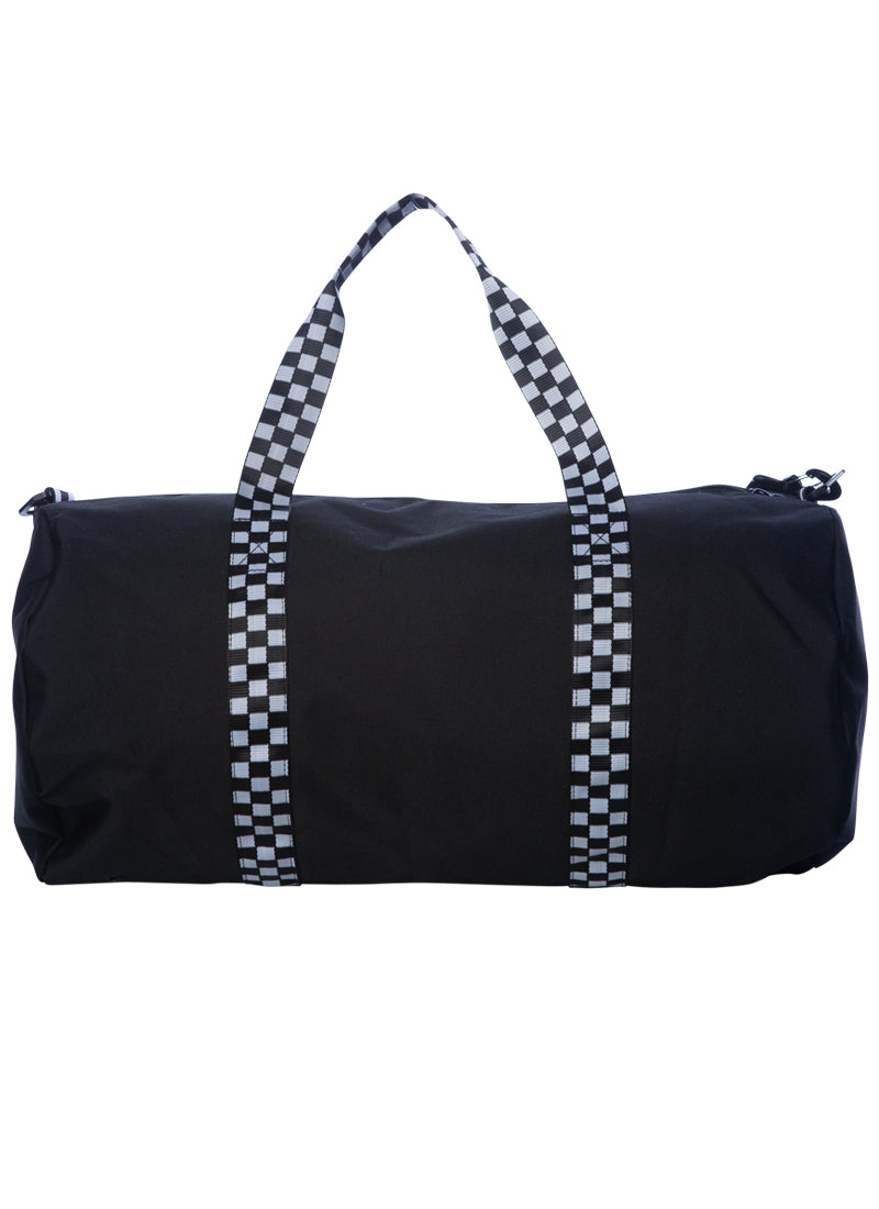 Black duffel bag with black and white checkered strap