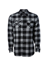 Load image into Gallery viewer, Mens grey heather and black plaid flannel shirt
