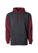 Load image into Gallery viewer, Mens Heavyweight Charcoal Heather Body With Currant Sleeves Pullover Hooded Sweatshirt
